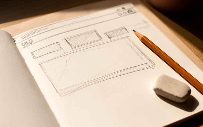 Cahier ouvert avec un croquis de page web dessiné au crayon