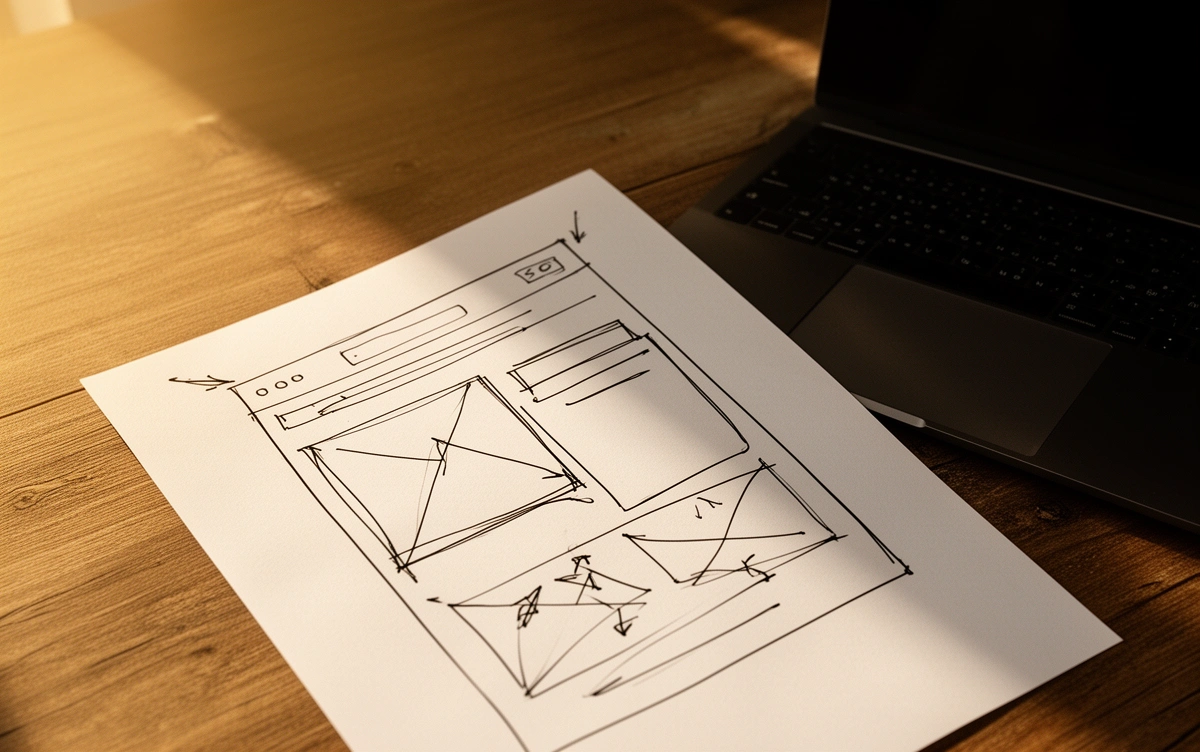 Feuille avec le croquis d'une page web et les balises écrites à la main à côté