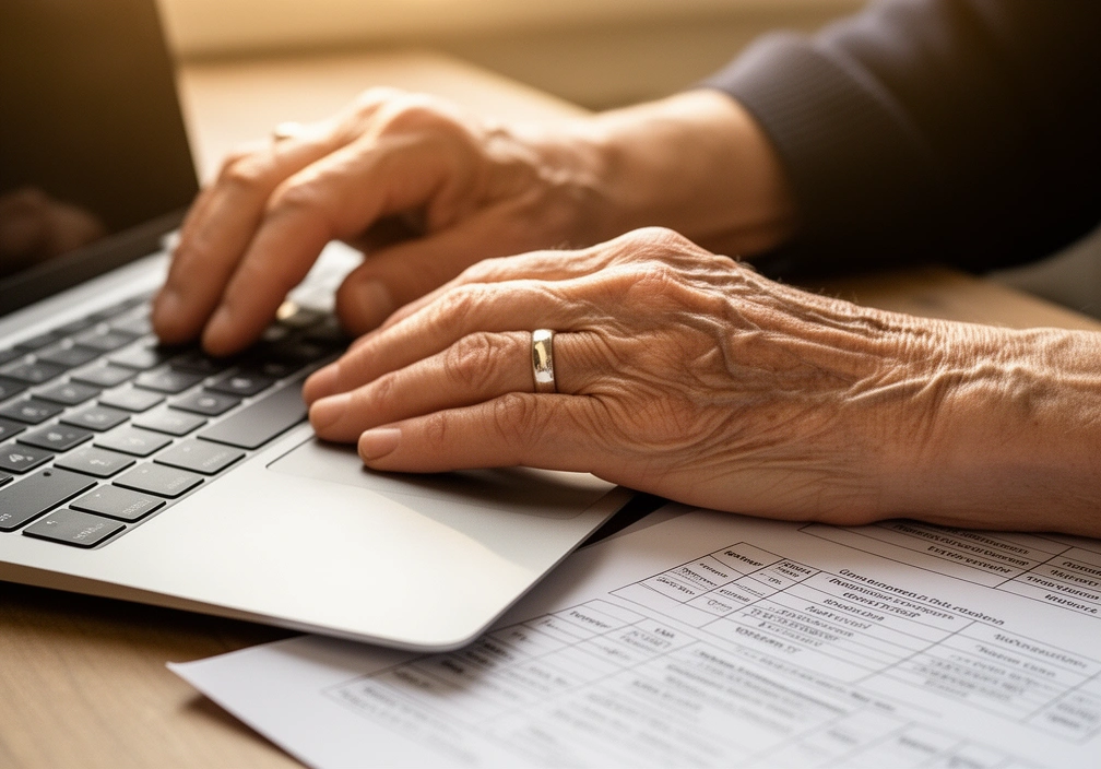Deux mains posées sur le clavier d'un ordinateur portable, une fiche papier à côté