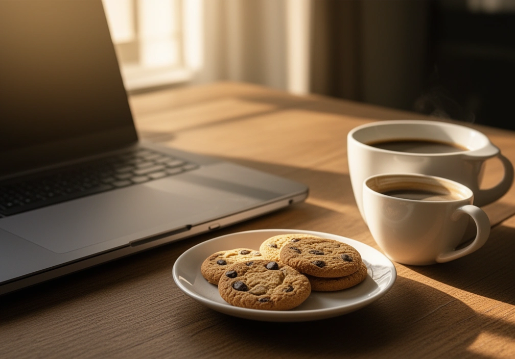 Tasses de café sur une table à côté d'un ordinateur portable fermé