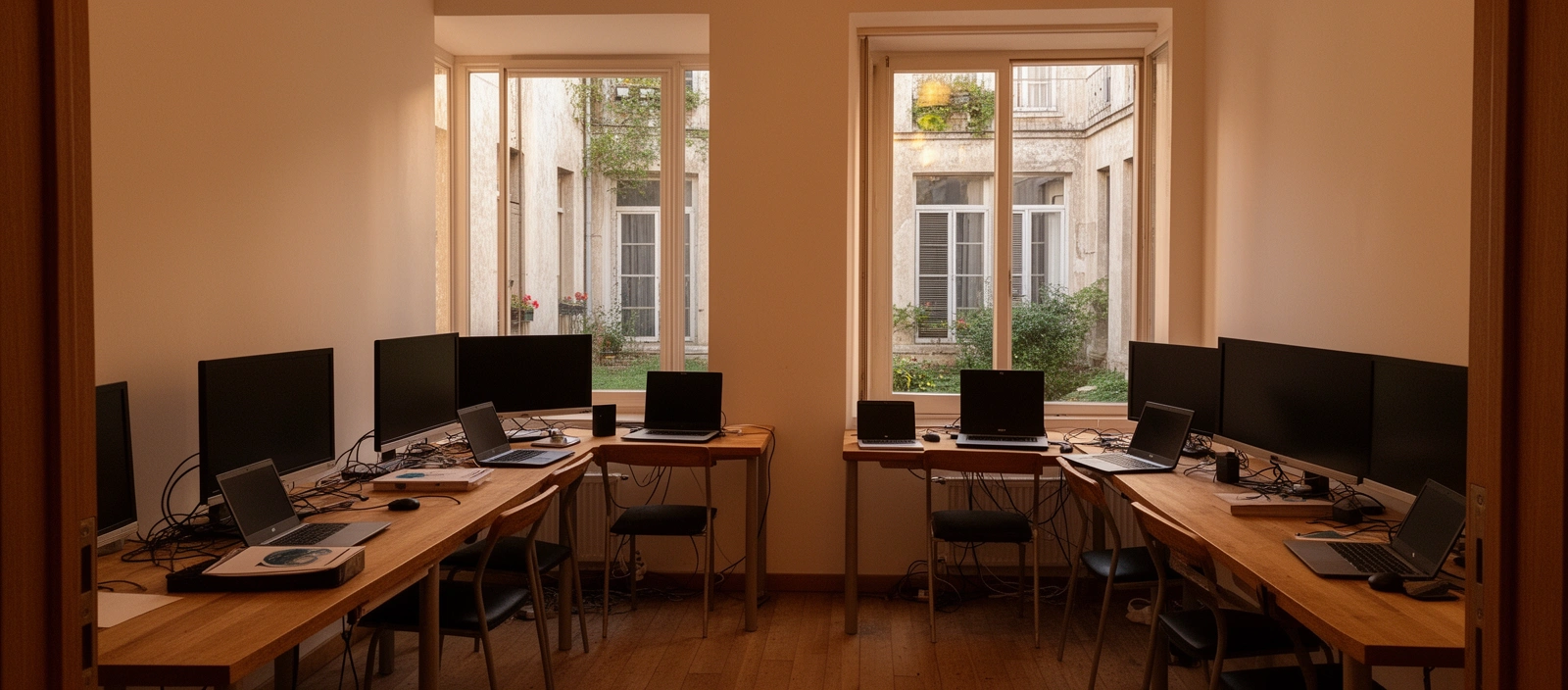 Petite salle de cours avec six ordinateurs portables et de grandes fenêtres, lumière d'après-midi